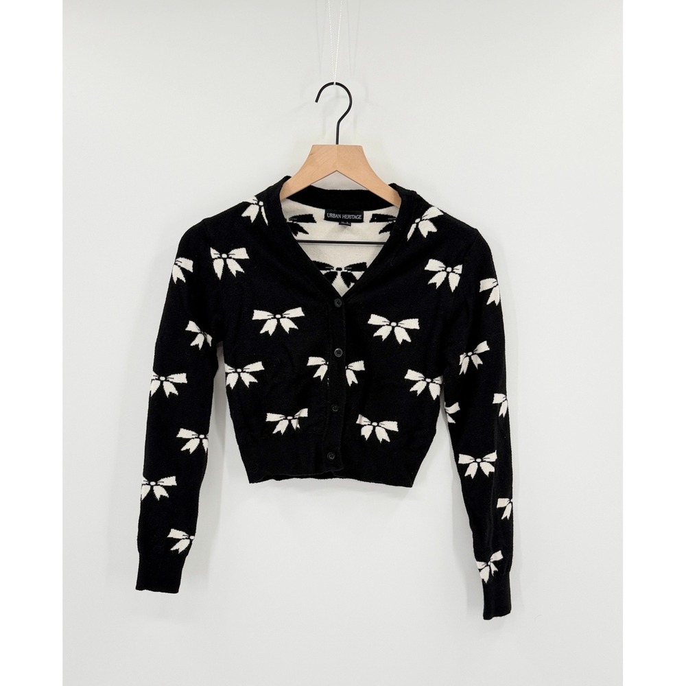 Urban Heritage Cropped Cardigan Womens Size S Bow Print Coquette Balletcore